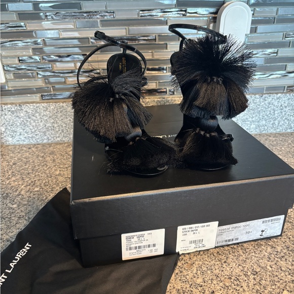 YSL Vernice Chiffon Tassel Embellished Pierre Pon Pon 110 Sandals - Picture 5 of 10